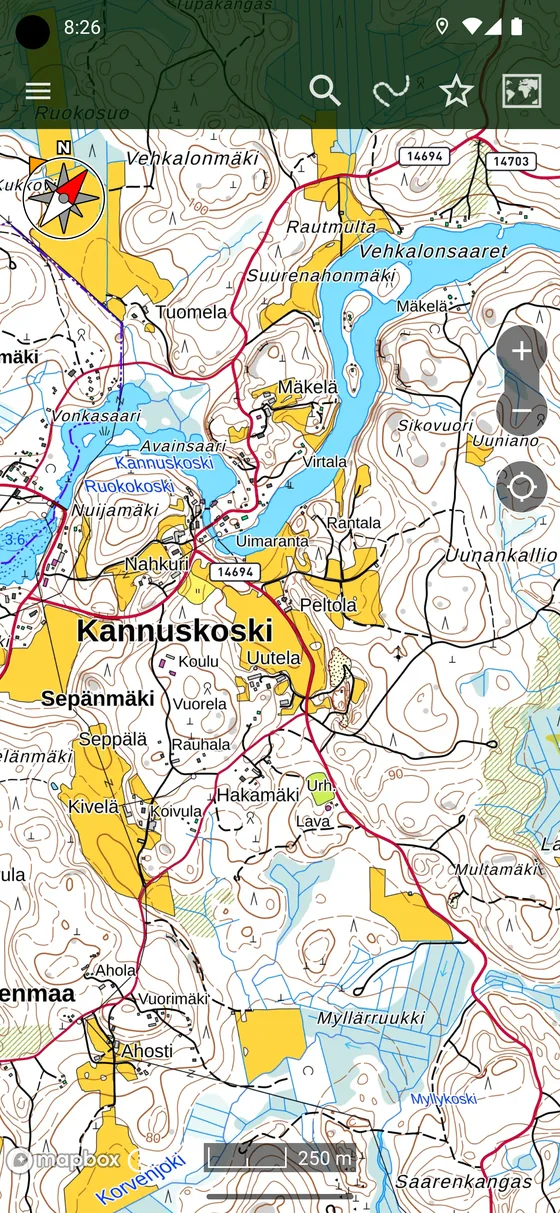 A topographic map on a phone screen